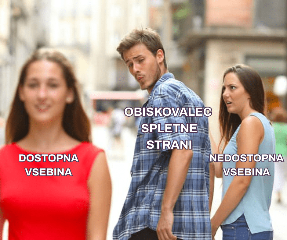 Moški hodi s svojo punco in pogleda za drugo žensko. Moški predstavlja obiskovalca spletne trgovine, njegova punca Nedostopno vsebino, ženska, za katero gleda pa dostopno vsebino.
