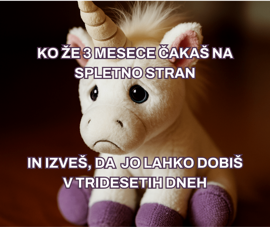 Slika žalostnega samoroga in napis: Ko že 3 mesece čakaš na spletno stran in izveš, da jo lahko dobiš v tridesetih dneh