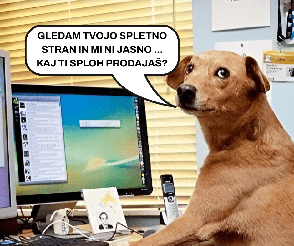 Pes za računalnikom z zmedenim pogledom in besedilom “Gledam tvojo spletno stran in mi ni jasno, kaj ti sploh prodajaš?”, kar ponazarja nejasno sporočilo spletne strani in razlog, zakaj spletna stran ne prinaša strank.